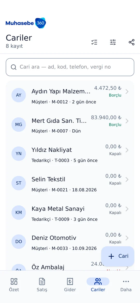 Muhasebe360 mobil uygulaması — Cariler ekranı