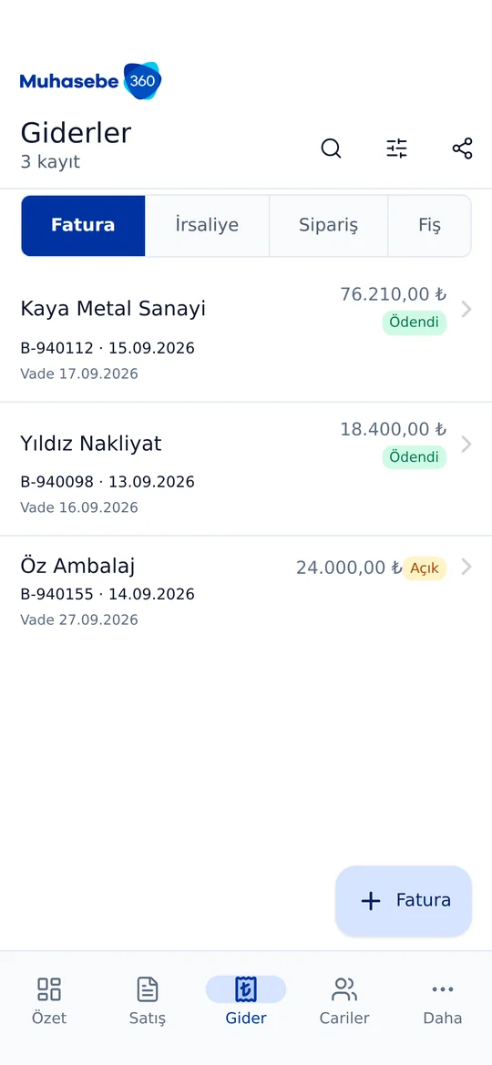 Muhasebe360 mobil uygulaması — Giderler ekranı