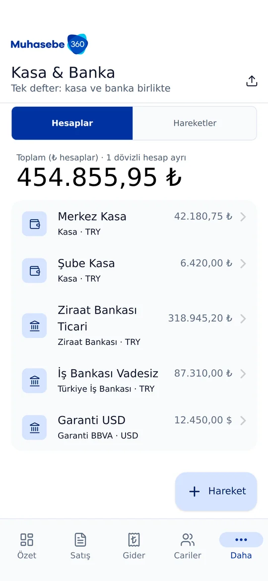 Muhasebe360 mobil uygulaması — Kasa ve banka ekranı