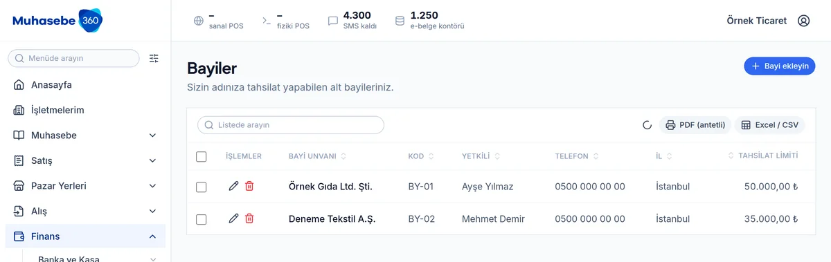 Muhasebe360 paneli — bayiler ve tahsilat limitleri ekranı