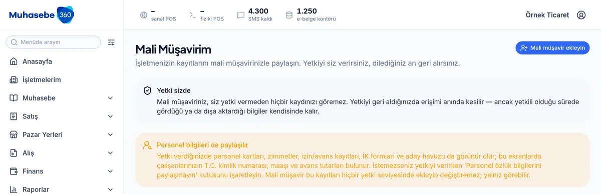Muhasebe360 paneli — mali müşavir yetkilendirme ekranı
